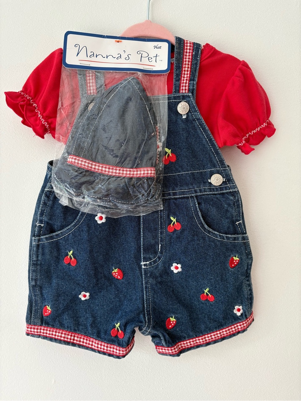 Vintage Baby Overall Set-Nanna’s Pet Red T-shirt, Embroidered Overall+Hat Set - Picture 2 of 8